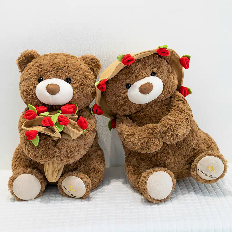Rose Bouquet Couple Brown  Bear Plush Set